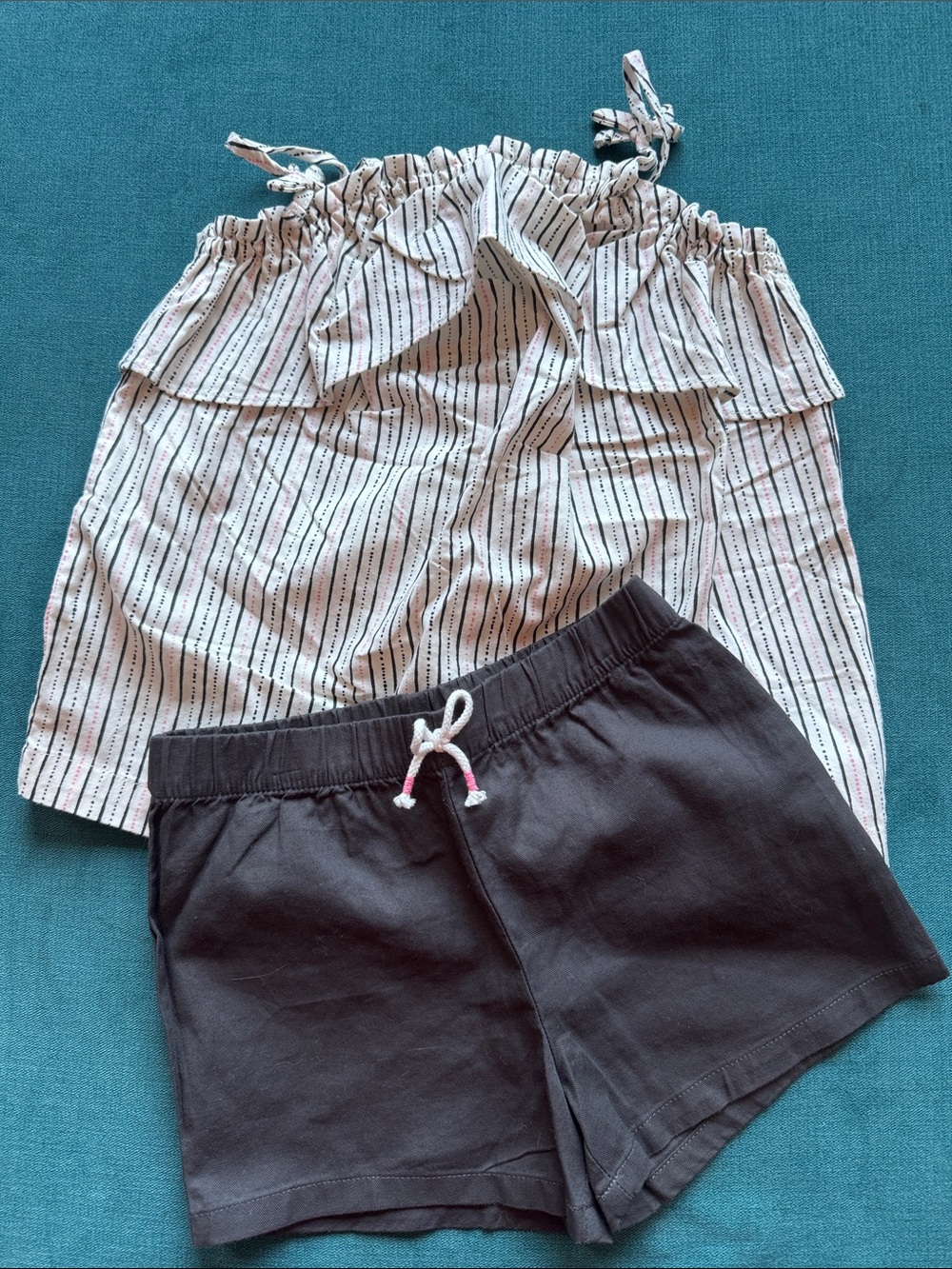 Striped Ruffle Top with Black Drawstring Shorts